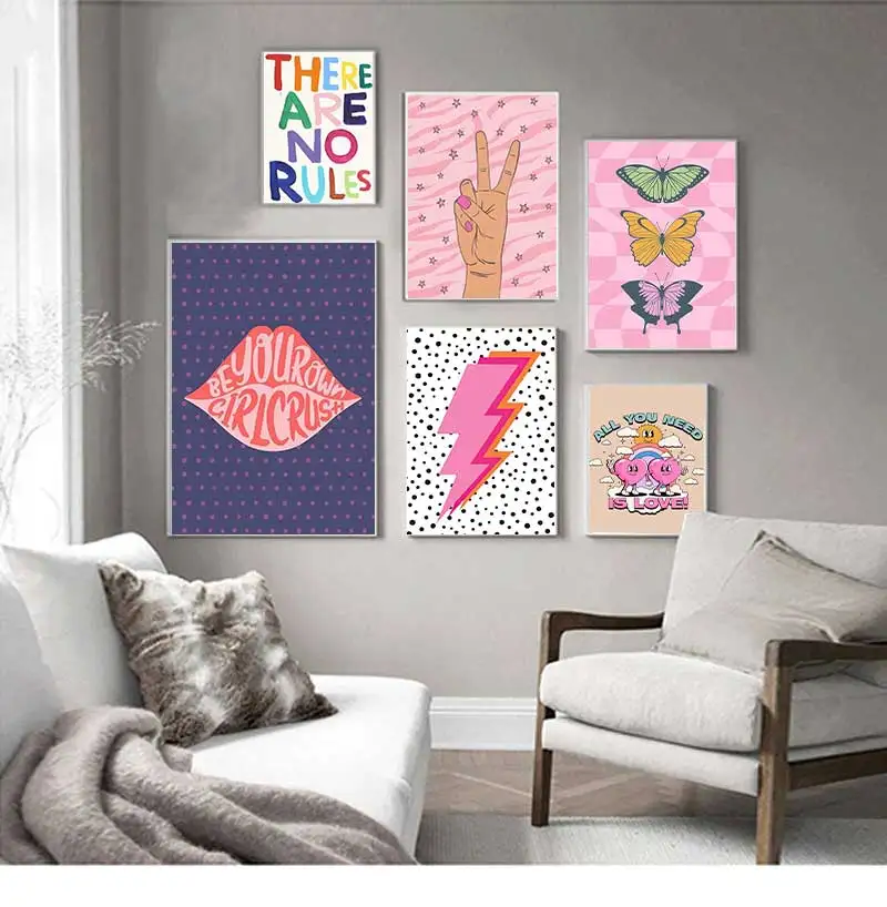 Scandinavian Minimalist Wall Art Pink Funky Quotes Vintage Butterflies Canvas Poster Print Home Bedroom Living Room Decoration