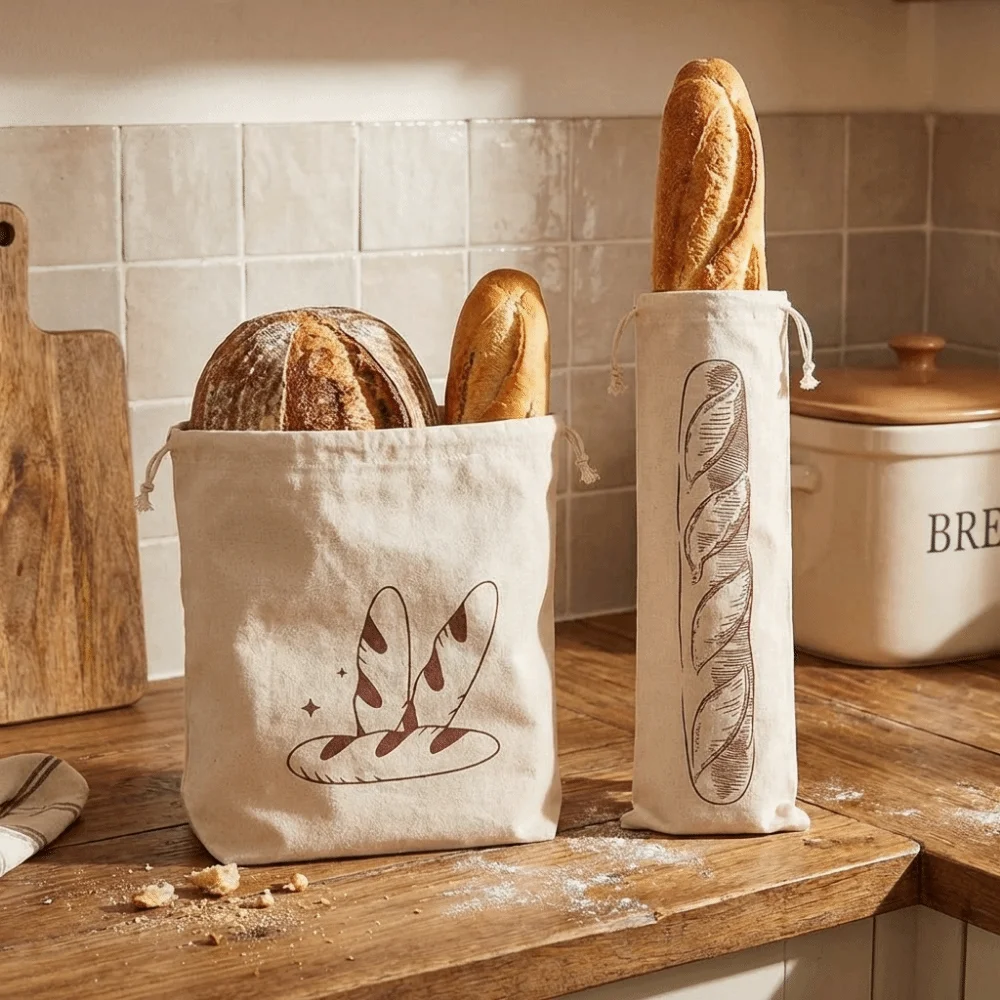 2PCS Large Linen Bread Bag Eco Friendly Fresh Keeping Drawstring Bread Bag Reusable Washable French Stick Storage Bag