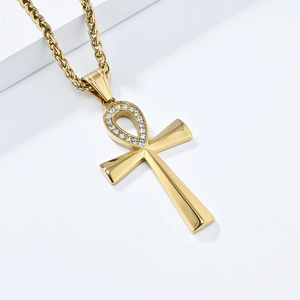 

JHSL Male Men Egyptian Ankh Crux Ansata Cross Necklace Pendant Big Fashion Christian Jewelry Box Chain Stainless Steel