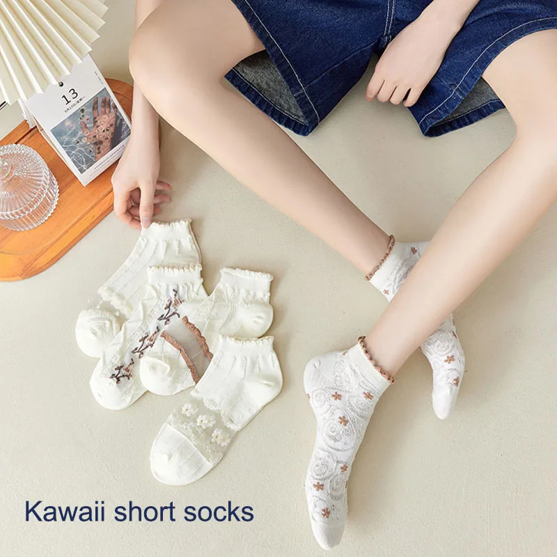 

5 pairs Socks Woman Kawaii Short socks for women Summer White Ankle sock All-match fashion Sweet series High elastic comfort