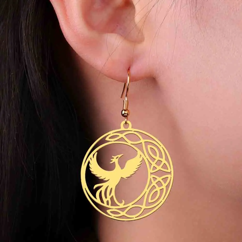 My Shape Phoenix Celtic Knot Drop Earrings for Women Crescent Moon Beautiful Fire Bird Dangle Earring Stainless Steel Jewelry