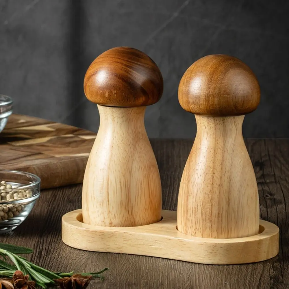 Wood Mushroom Pepper Grinder with Base High Hardness Grinding Core Pepper Mill Bottle Adjustable Particle Size
