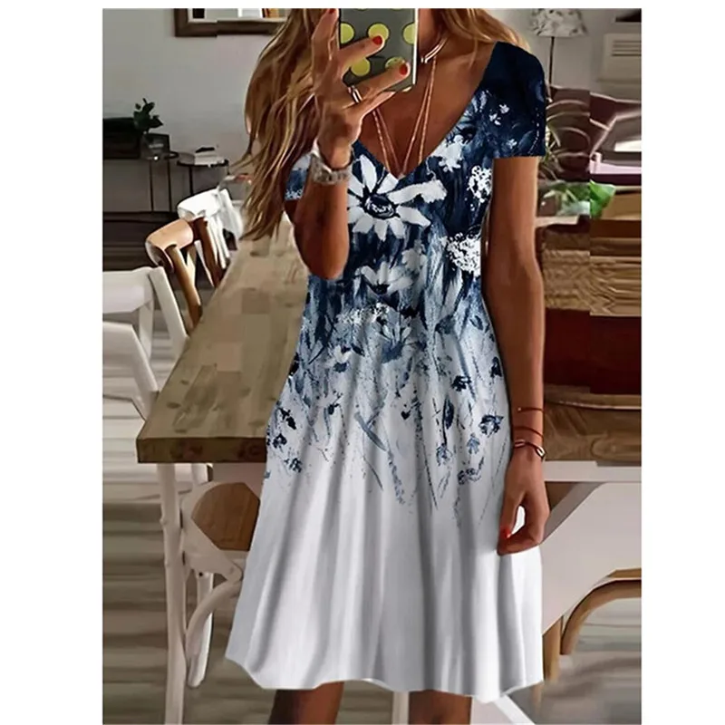 Women  Summer Short Sleeve V-Neck Casual Dress 3D Vintage Floral Printed Elegant Knee Length Dress S-3XL Lady Vestidos