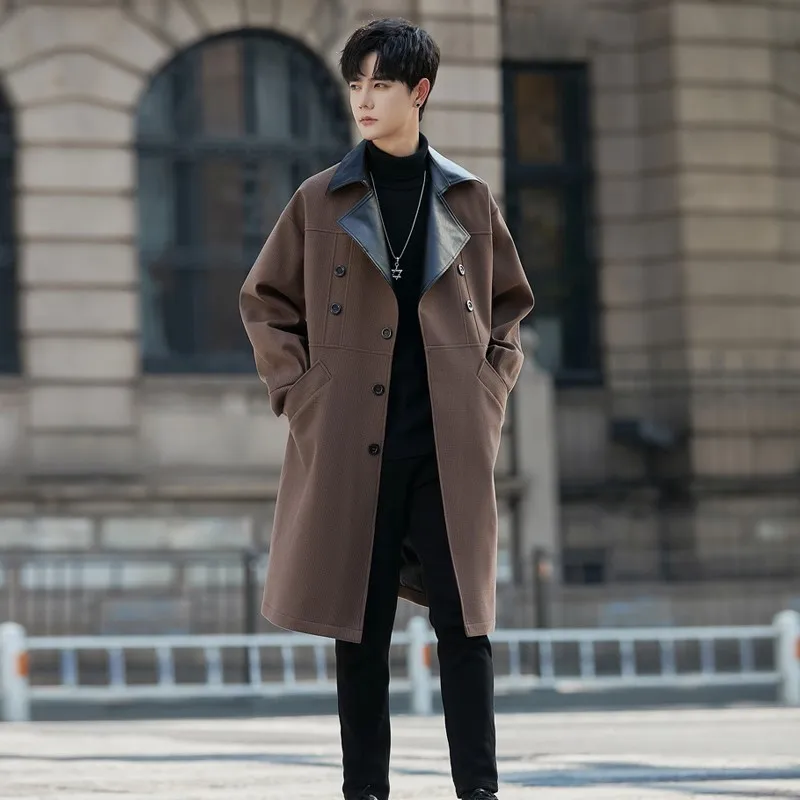 

Новинка 2024 года, высококачественный плащ, мужской лоскутный плащ с отложным воротником, средней длины, корейская модная мужская ветровка