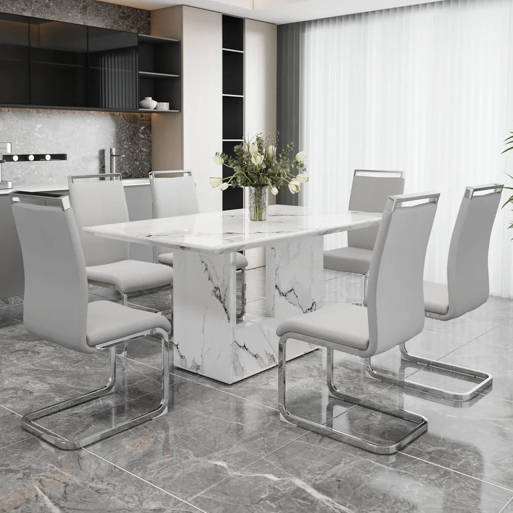 

6 Seater Dining Table Set, 63 Inch Kitchen Table and Chairs, White Imitation Marble Table and 6 PU Leather Chairs Set