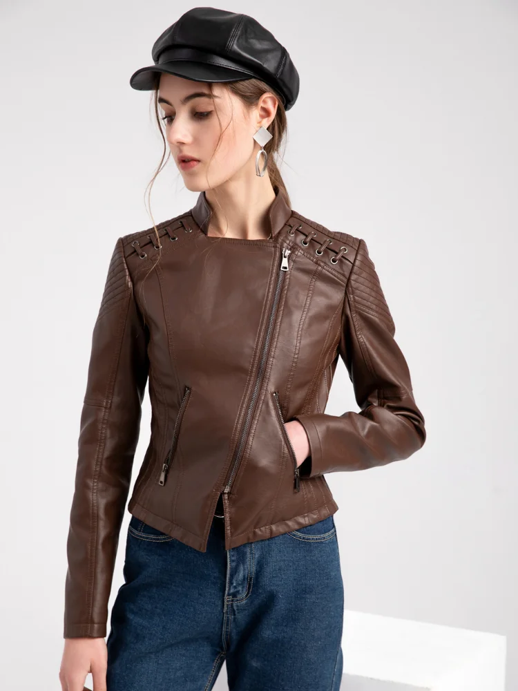 Retro multicolorido jaqueta curta lapela gola fino-ajuste jaqueta de couro 2025 outono novo feminino casual rua punk casaco da motocicleta