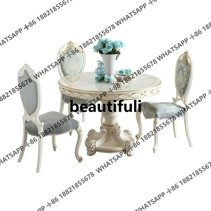 D85 French pastoral style round dining table restaurant small apartment simple non-all solid wood dining table combination