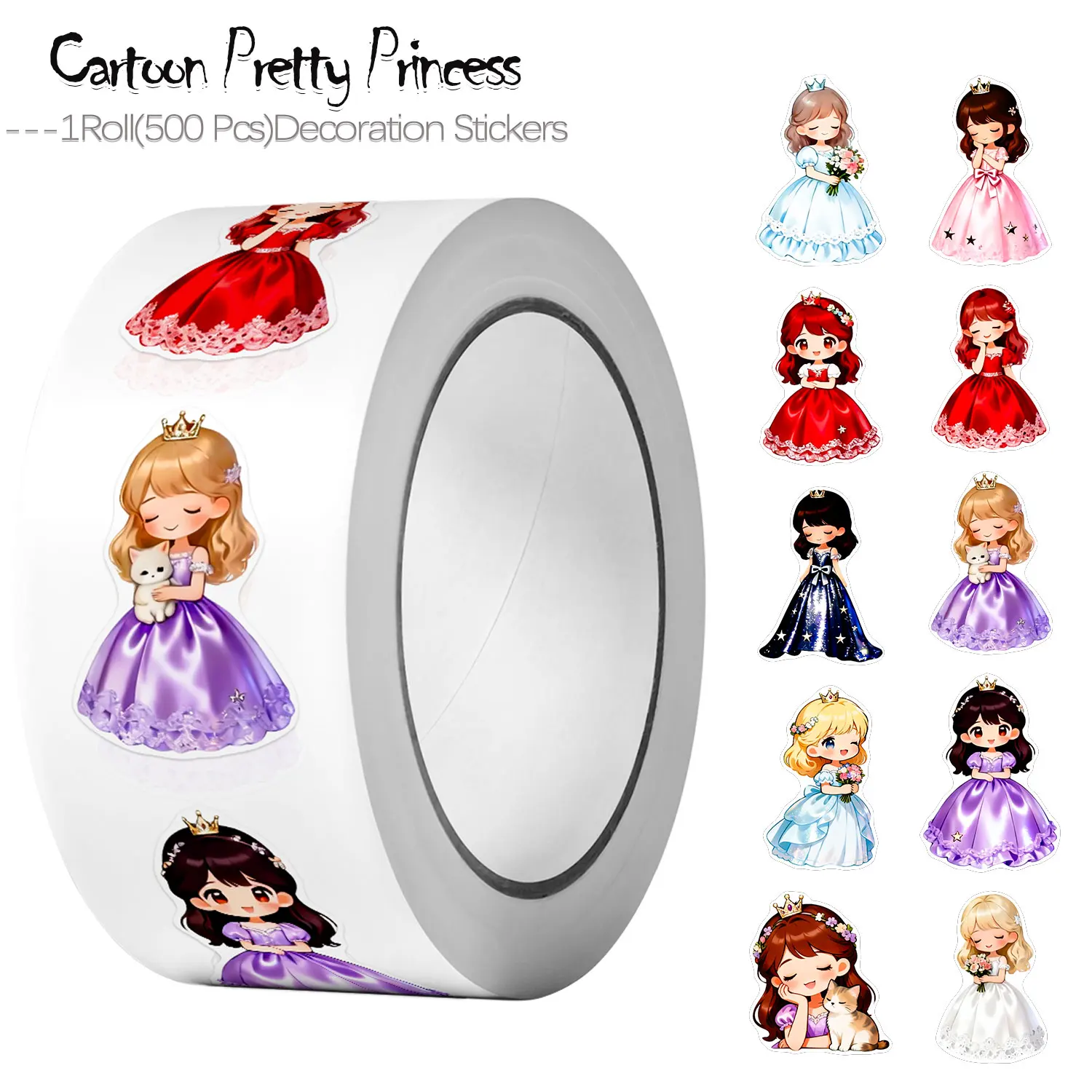 500Pcs Cartoon Pretty Kawaii Princess Stickers Roll 2.5cm/1'' 10 Unique Designs Party Favors Art Decals Stationery Decor Labels