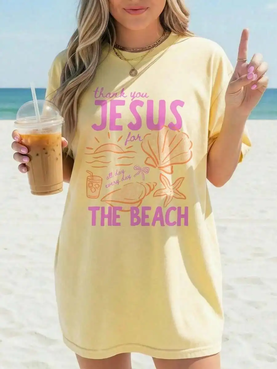 Women's Thank You Jesus For The Beach Print Sea Shell Starfish Sunset Sketch Summer Vacation Casual Short Sleeve Crew Neck Graphic T‑Shirt Tee Top