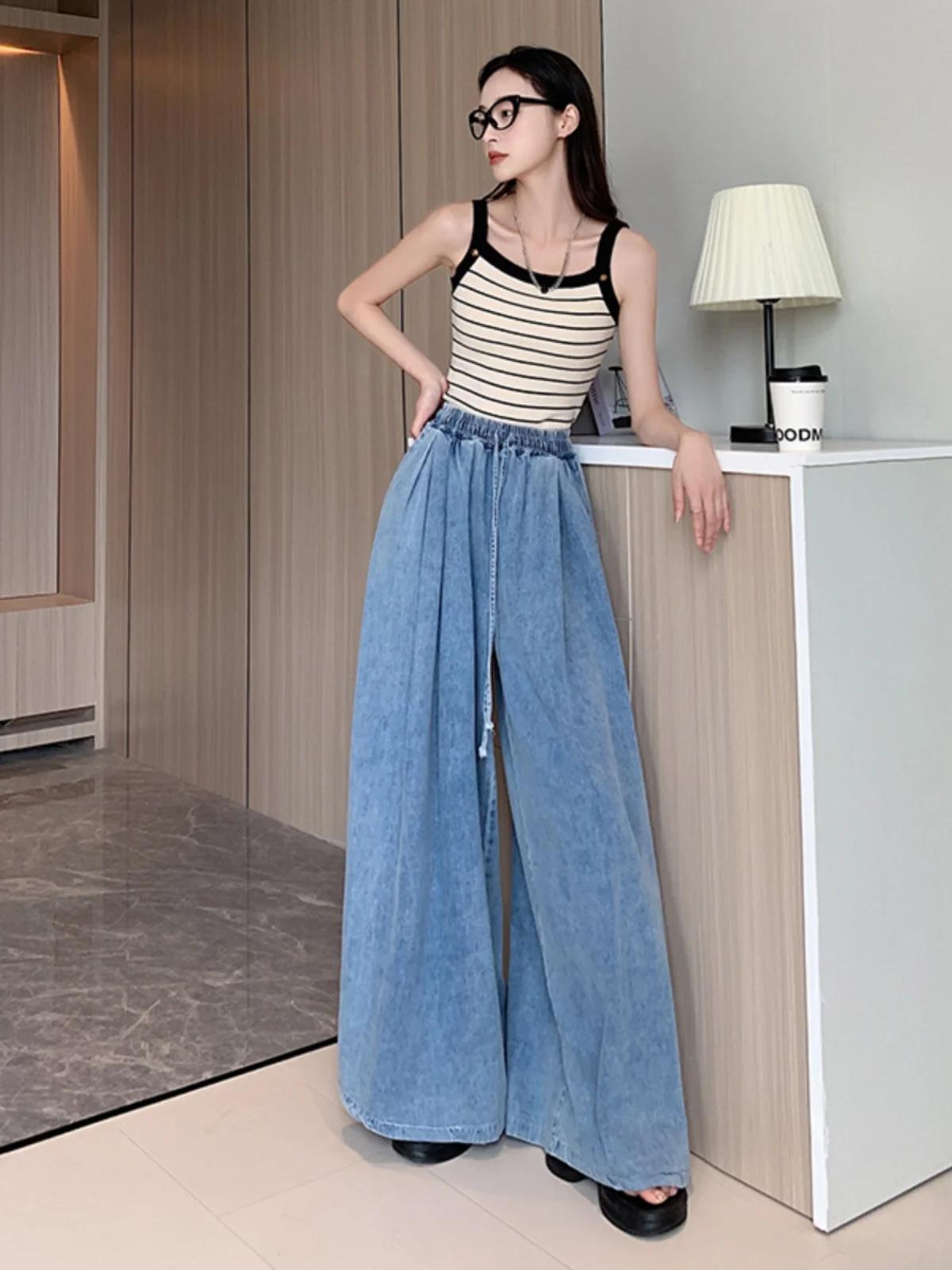 

Женские летние тонкие джинсовые брюки больших размеров с эластичной резинкой на талии, свободные широкие брюки, длинные брюки длиной до пола с разрезом, высокие JJ974