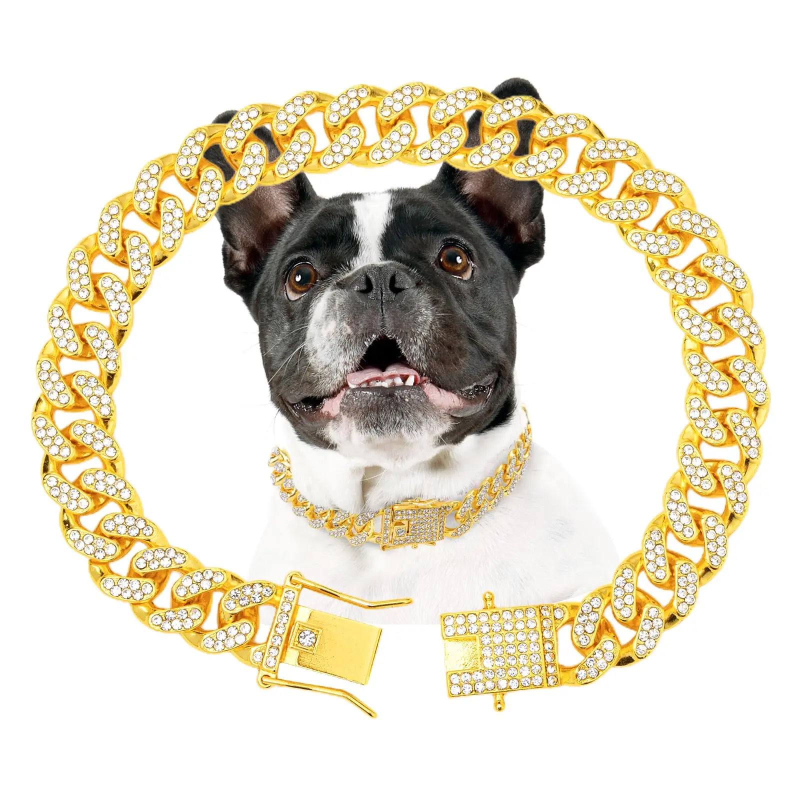 Gold-Diamant-Hundehalsband, Sichere Metallkette mit Design-Schnalle, Schmuck-Haustierkette für Kleine, Mittlere und Große Hunde und Katzen