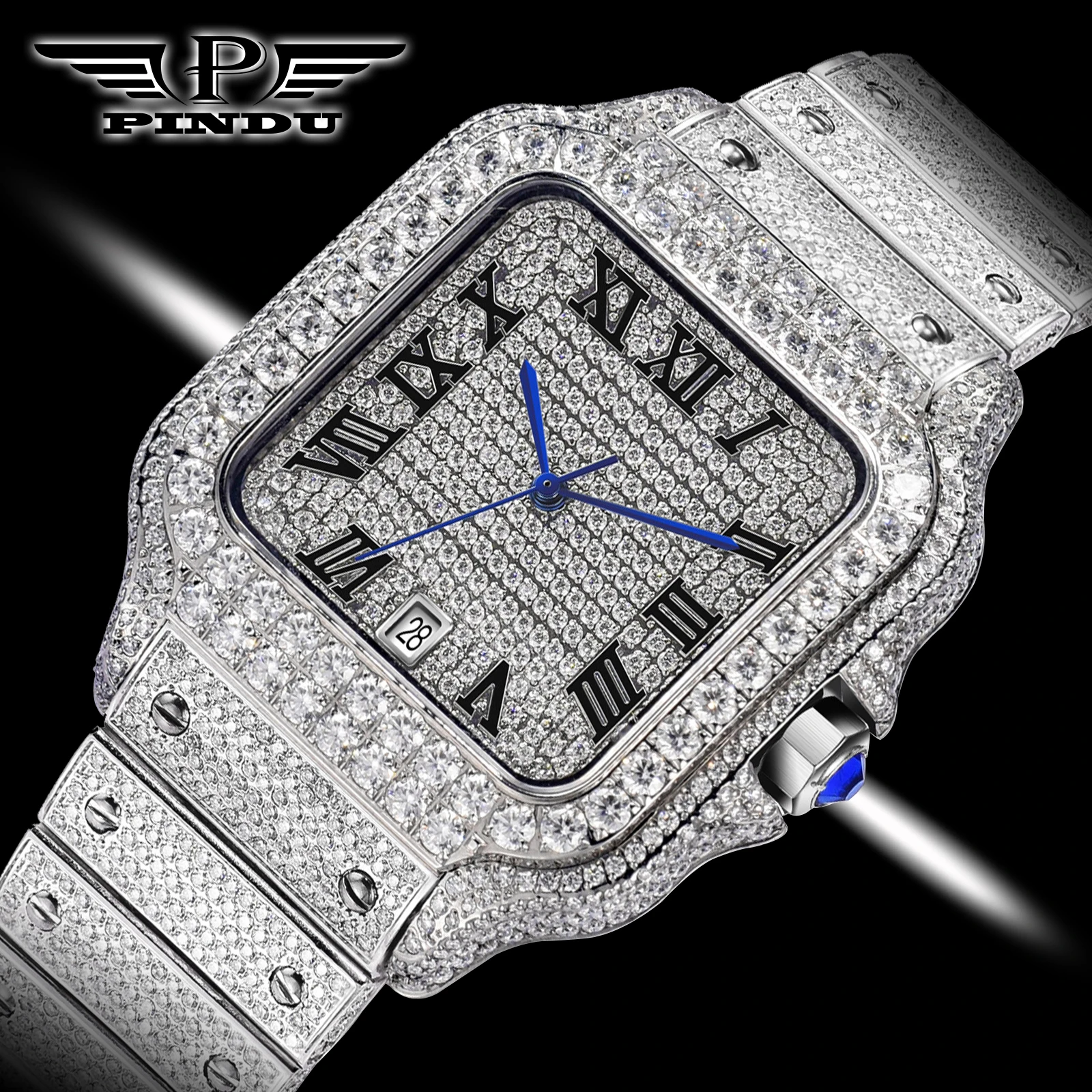 PINDU Design NEW Mozambique Diamond Mechanical Watch Men 8215 Movement Sapphire Stainless Steel Waterproof Fully Automatic Watch