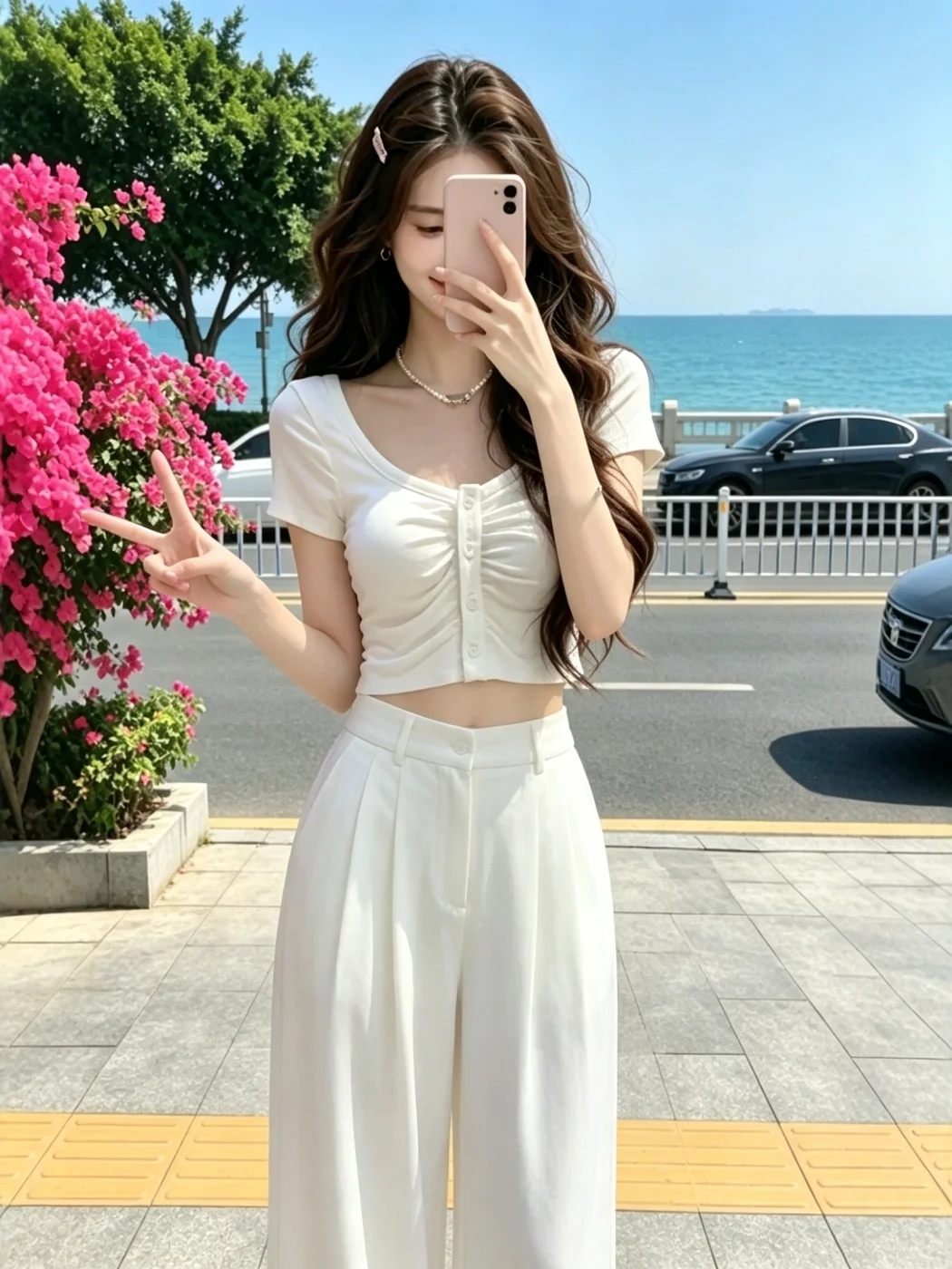 韓国風甘辛白プリーツラウンドネック半袖Tシャツレディース夏痩身ショート丈お腹露出トップス 1