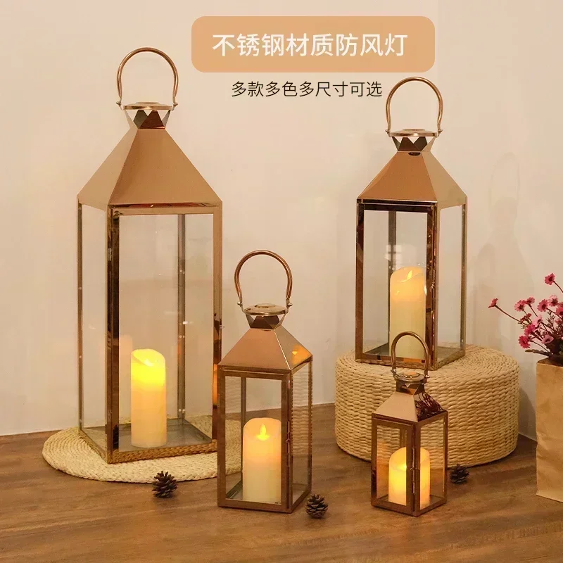 Wind lamp stainless steel candlestick gold glass lantern outdoor light luxury ornament silver decoration romantic