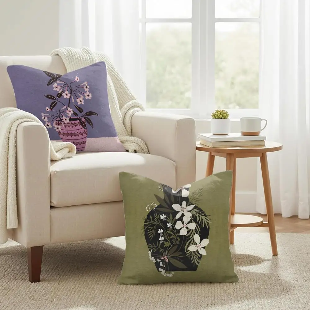 Classic Vintage Vase Cushion Cover Double-Sided Printed Organic Linen Pillow Cover, Decorative for Sofa Home