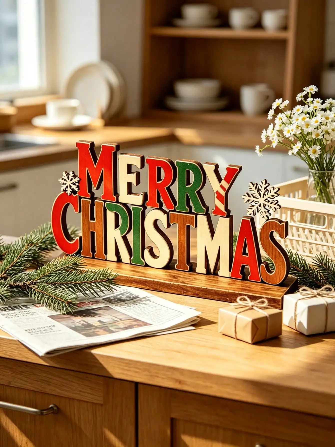 1pc Merry Christmas Wooden Desktop Ornament, Christmas Letter Blocks Decor With Snowflake Accents, Rustic Farmhouse Style Christmas Table Centerpiece, Suitable For Mantel, Shelf, Desk, Home Holiday Decoration