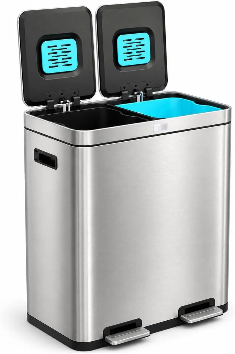 

16 Gallon Dual Compartment Trash Can with Odor Control, Stainless Steel, 60L
