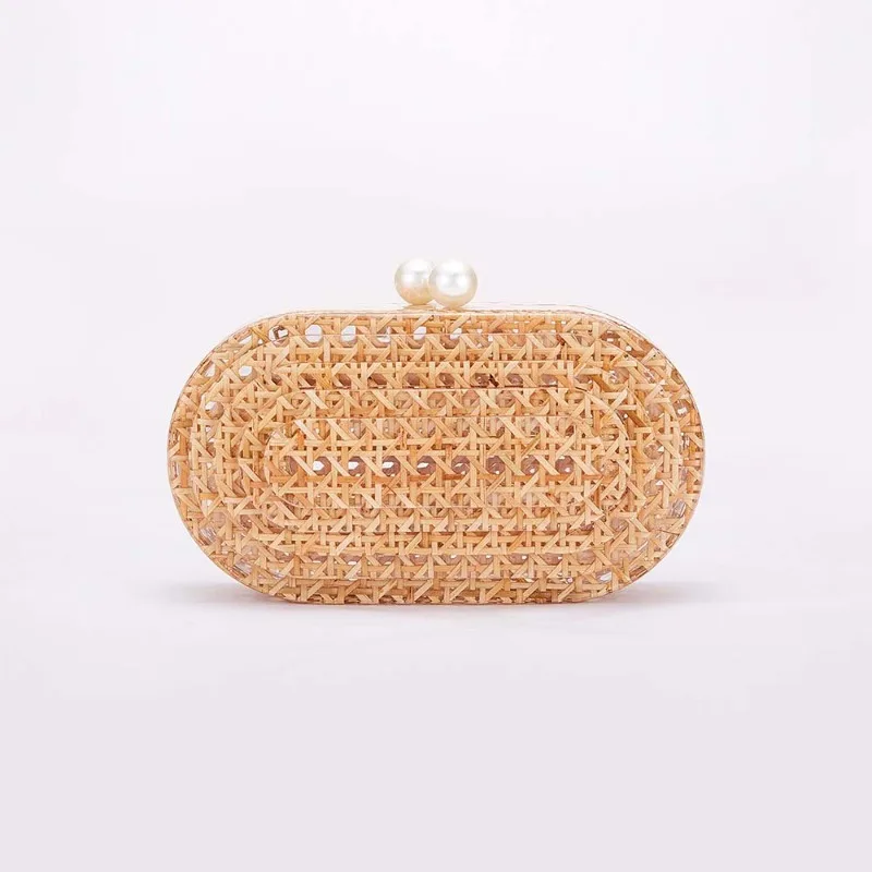 

Fashion Women Rattan Clutch Acrylic Egg Evening Bag Luxury Wedding Party Purse Summer Beach Mini Female Handbag Designer Purse