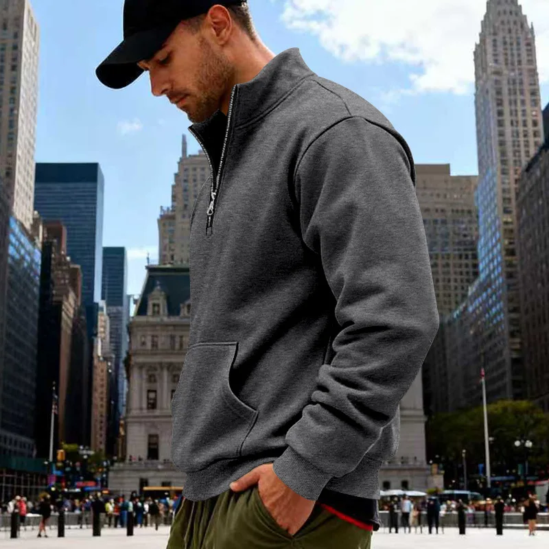 Grenzübergreifender Herbst- und Winter-Samt-Pullover für Herren, locker geschnitten, im Retro-Stil, lässig, mit Stehkragen, halbem Reißverschluss und Taschen für Pendler. – Detail 38