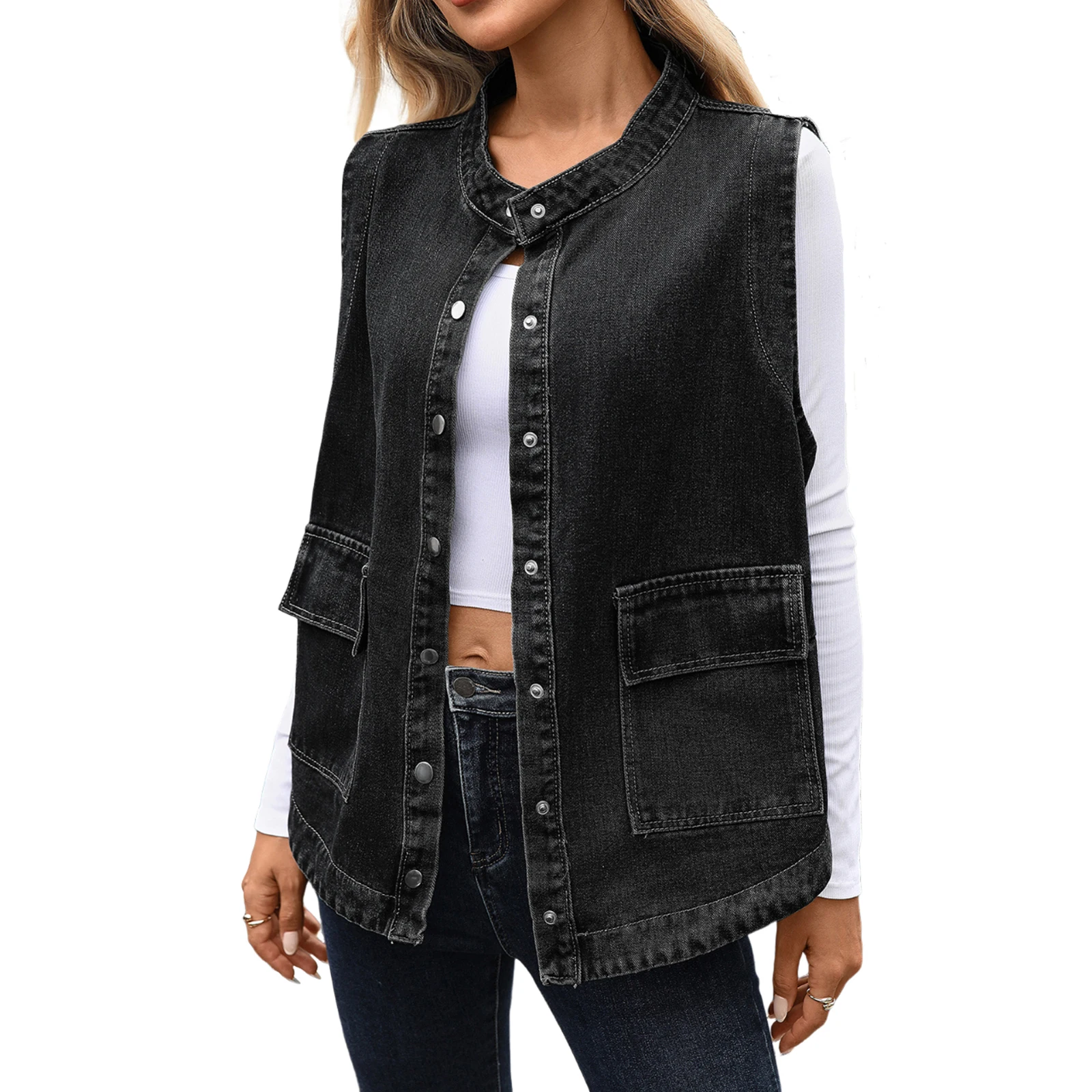 YHOPE Giacca corta in denim tinta unita casual alla moda da donna