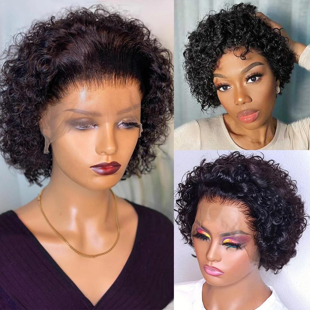 Curto bob bouncy curl peruca dianteira do laço brasileiro remy cabelo humano pré arrancado pixie corte onda de água perucas frontais do laço nós descorados