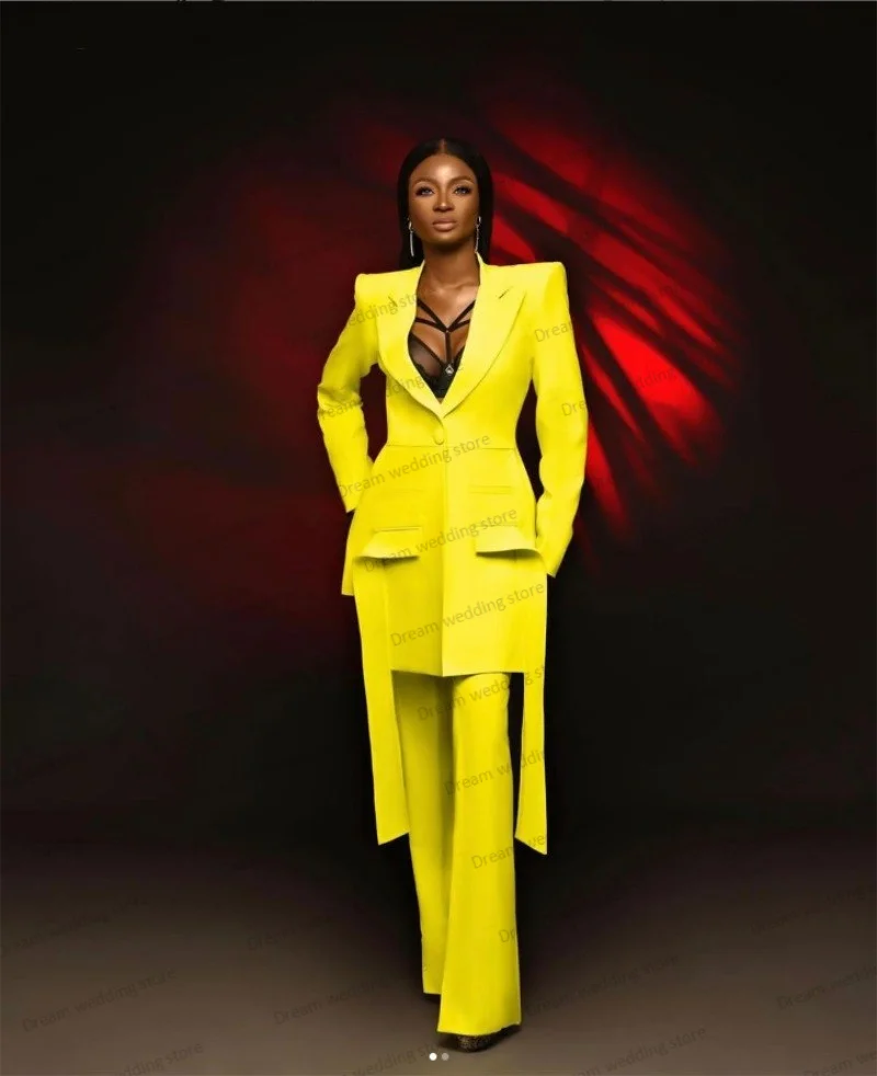 

Formal Yellow Women Pants Suit Set 2 Pieces Long Jacket+Trousers Wedding Guest Prom Dress Customized Blazer Coat With Strap