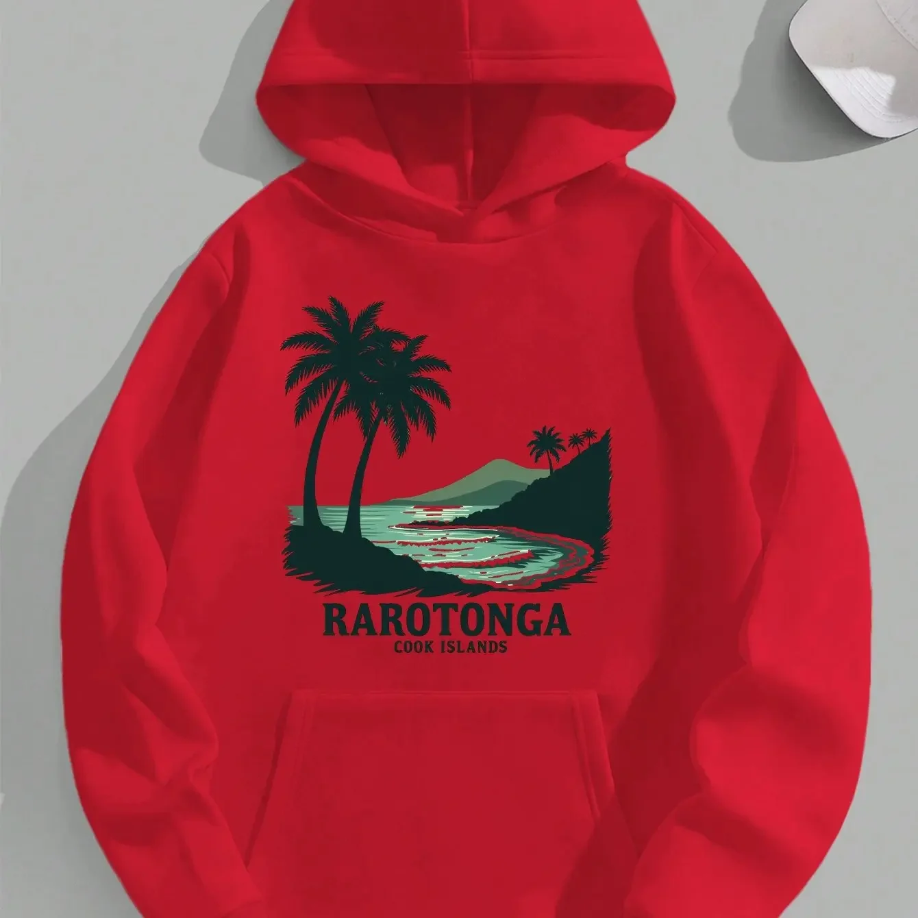 Vintage Rarotonga Cook Islands Hooded Sweatshirt Unisex Coconut Tree Bay Mountain Landscape Tropical Beach Front Print Hoodie