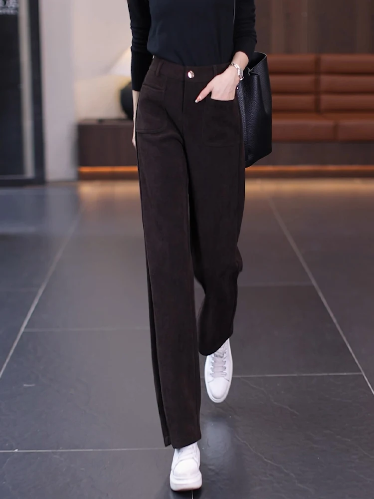 

High Waist Corduroy Fleece Lined Wide Leg Pants Casual Straight Cut Women's Autumn Winter New Style Dreamy Elegant Fashion
