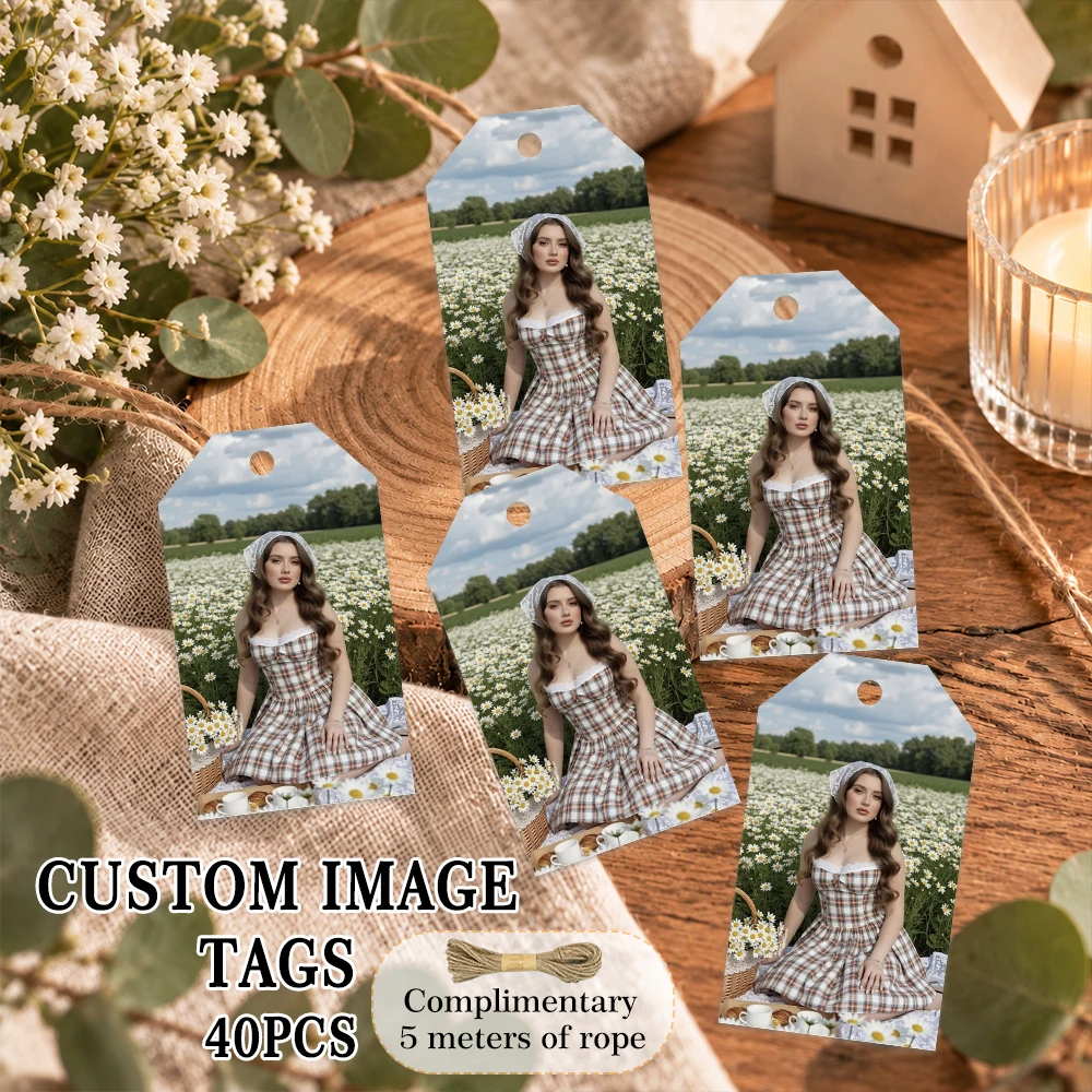 40pcs, Custom Image Tags, Personalized  Shape Photo Gift Tags, Blank Back Labels with 5m Rope, Halloween Christmas Gift
