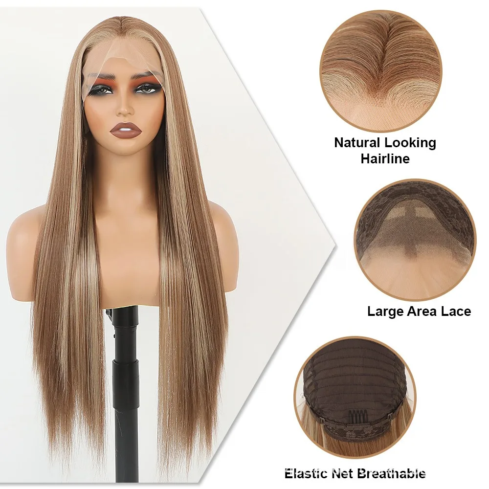 28 Inch Light Brown Beige Blonde Highlight Lace Front Wig 150% Density Glueless Heat Resistant Synthetic Silk Straight Daily Wig