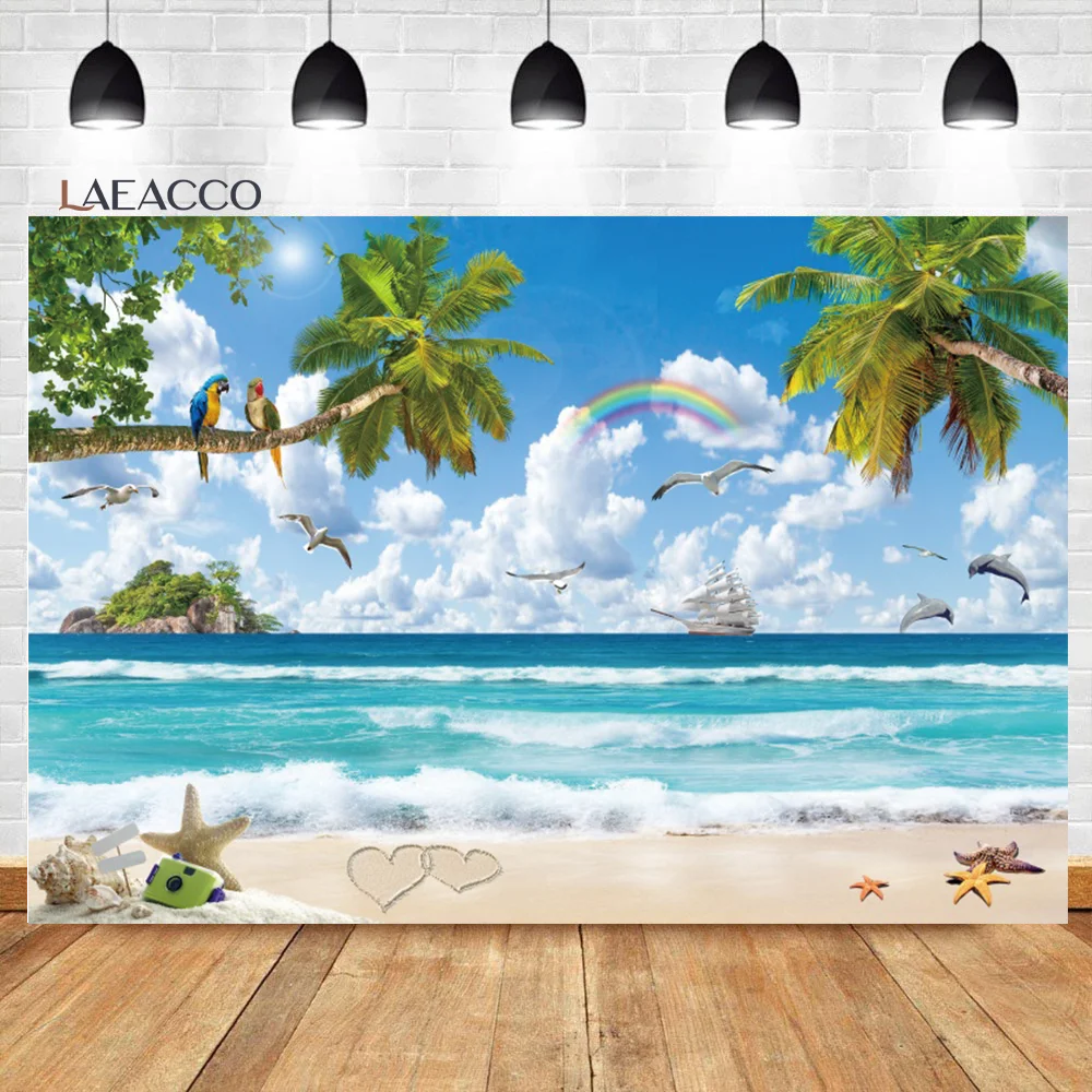 Laeacco Summer Seaside Background Sunny Beach Blue Sky Cruise Tropical Palms Tree Vacation Tourism Portrait Photography Backdrop