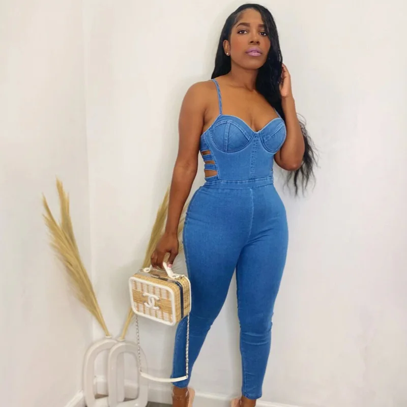 Solid Cut Out Denim Jumpsuit Women Sleeveless Spaghetti Strap Patchwork Rompers Pencil Pants One Piece Club Outfits Catsuit 2022