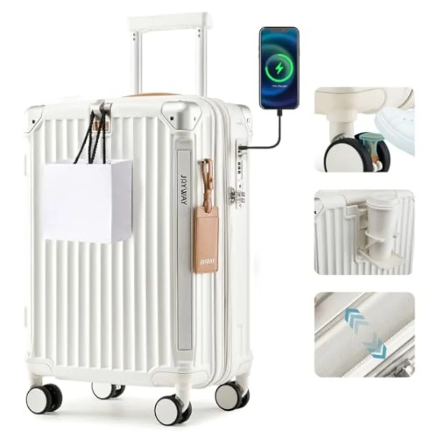 Carry On Luggage, Expandable Suitcase with Smart Cup Holder and USB Port, 20 IN Hardside Checked with TSA Lock Spinner Double W