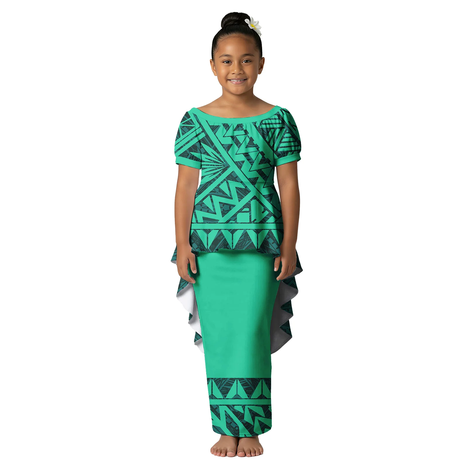 Cute Kid Boutique Clothes Custom Wear Polynesian Swallow-Tail Hem Skirt Aloha Dress Samoan Tribal Party Design Girl Puletasi Set