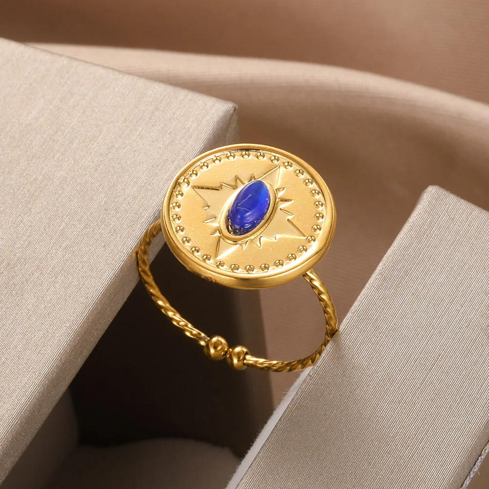 Adjustable Vintage Boho Blue Stone Stainless Steel Rings For Women Oval Fashion New Anillos Jewelry Wedding Gifts