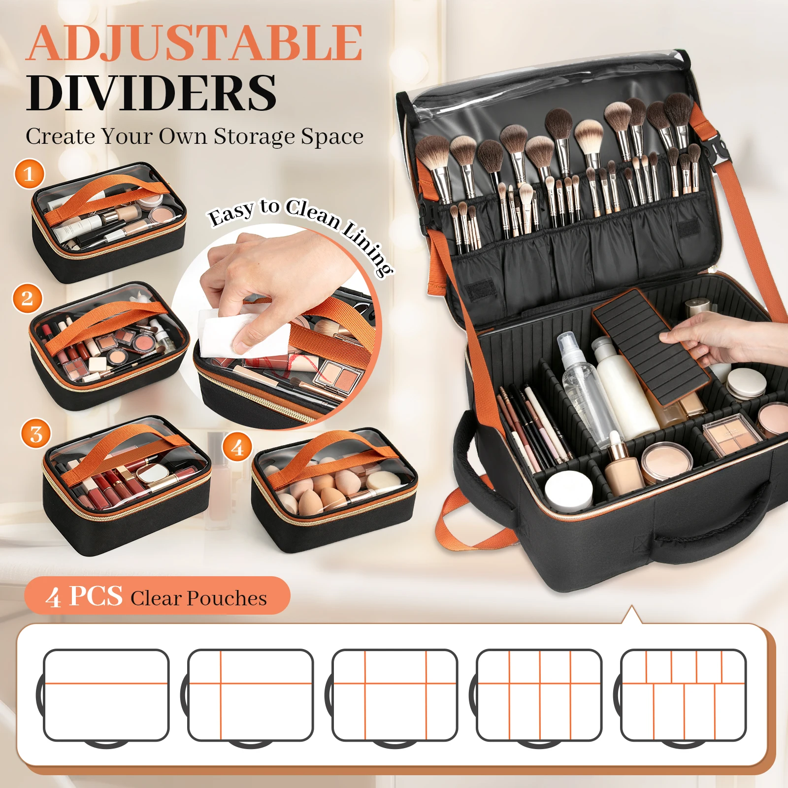 Makeup Backpack Professional Cosmetic Organizer with Adjustable Divider & Brush Slots Makeup Case Bag with 4 Pouches for Women