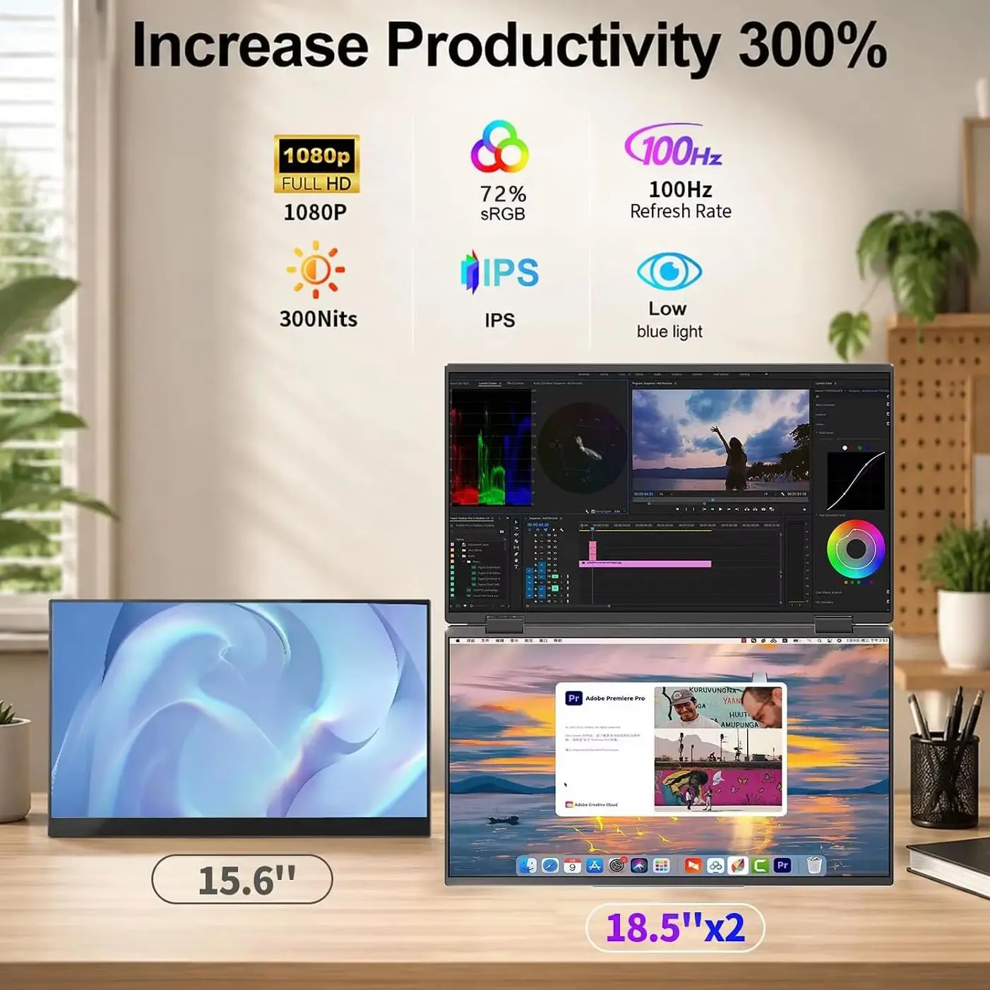 18.5 Inch Dual Portable Monitor IPS FHD 1080P 100Hz 100%sRGB with Stand Type-C Mini HDMI Display Screen Extender for Laptop PC