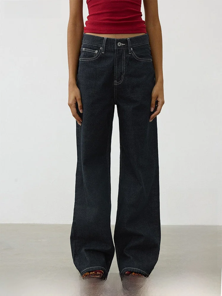 

AFTADAWN Classic Low Waist Red Ear Original Cow Deep Blue Embroidered Straight Leg Jeans Retro Style Women's Premium Denim Pants