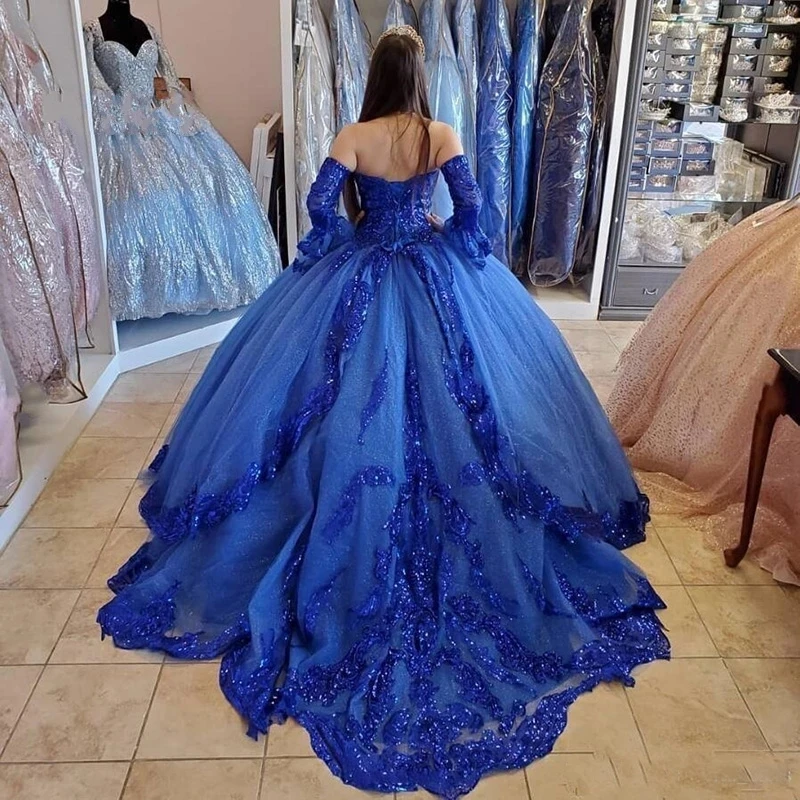 الأزرق الملكي الدانتيل تول الحلو 15 16 Quinceanera فساتين الحبيب كم طويل الأميرة حفلة موسيقية فستان الكرة ثوب الزفاف