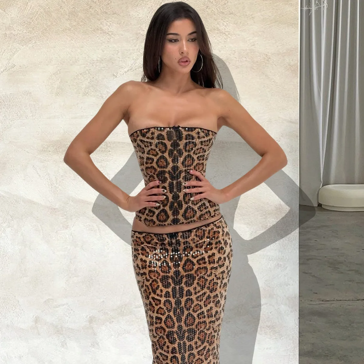 Women's Best-selling Autumn New Arrival Backless Navel-Exposing Printed Sequin European and American Leopard Print Set