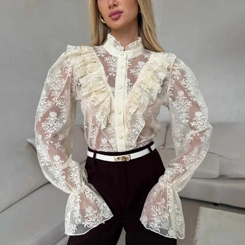 

Ticketsx Fashion Ruffle Print Blouses Women's Single Breast See Through Patchwork Shirts Top Elegant New Party Streetwear Shirts