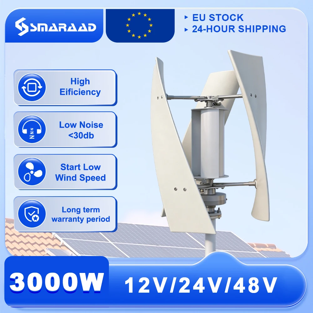 Éolienne verticale 3000W 12V/24V/48V à faible bruit pour usage domestique 220V avec contrôleur de charge gratuit, livraison UE