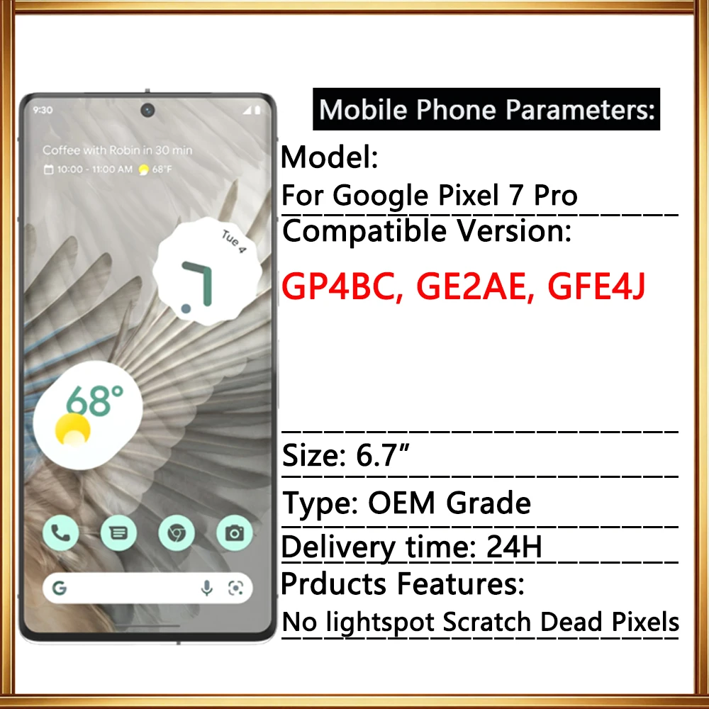 Original AMOLED Display For Google Pixel 7 Pro GP4BC GE2AE Touch Screen Digitizer Assembly Replacement With Fingerprint Sensor