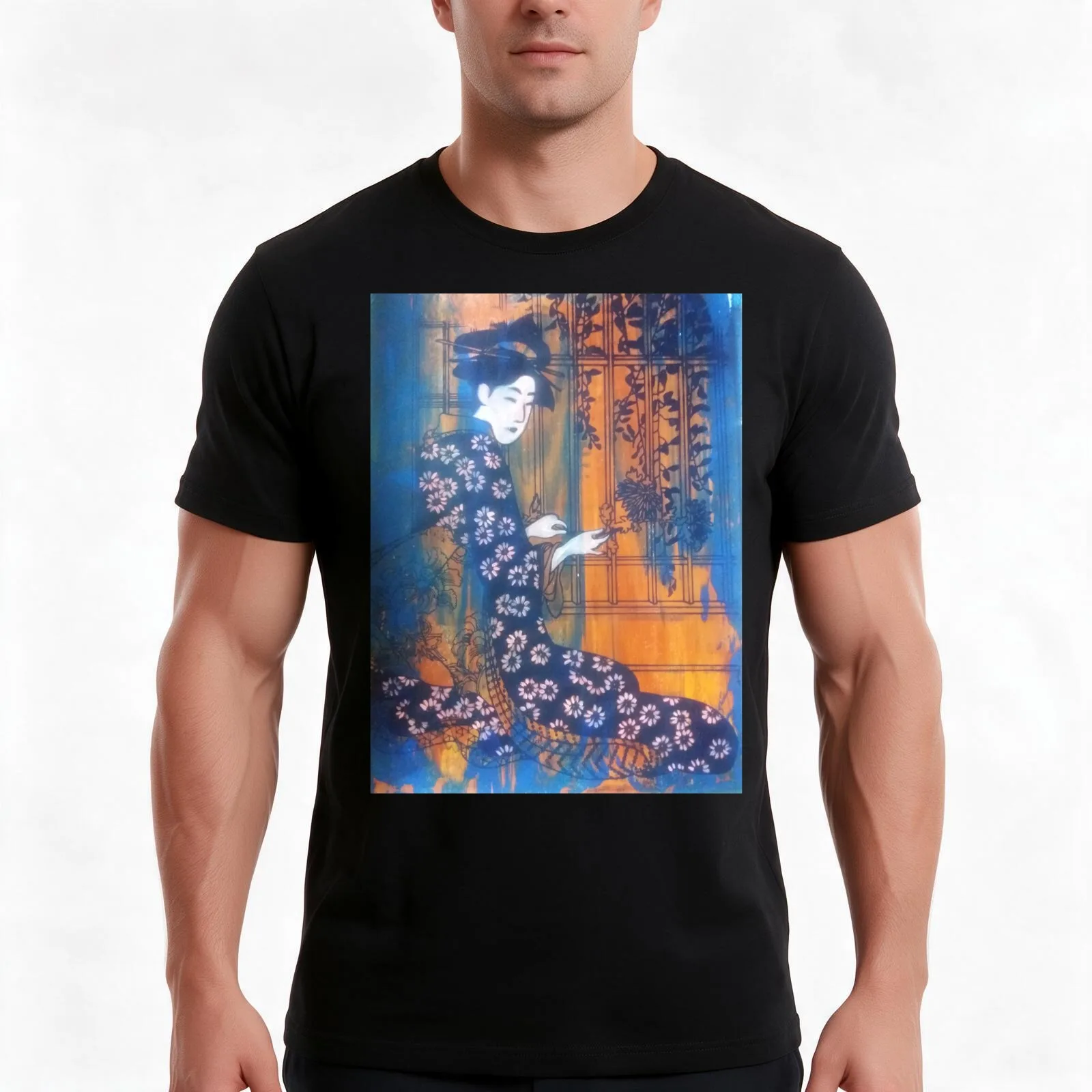 Geisha picking flowers T-Shirt Summer Casual Cotton Tee Oversized Streetwear Tops Vintage Graphic Print Unisex Men Women