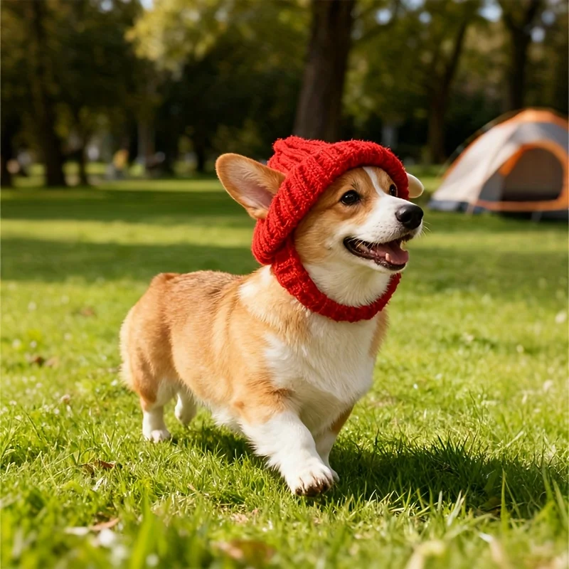Malteser-Hunde-Beanie-Mütze, gemütlicher weicher Strick mit Ohrenklappen, niedliches verspieltes Hundedesign, für kleine Hunde, Rot und Winter, Innen-/Außengebrauch