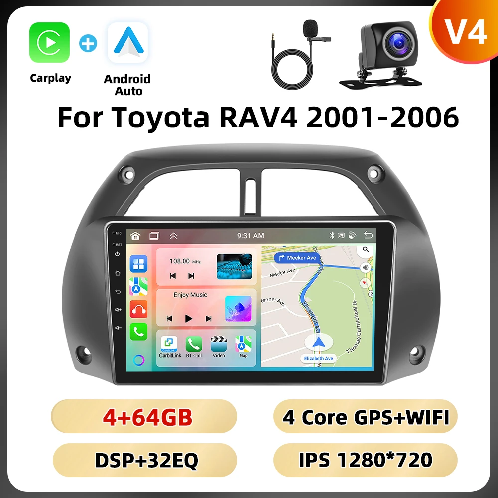Podofo 8Core 2Din Autoradio Voor Toyota RAV4 2001-2006 Multimedia Speler WIFI 4G AI Voice BT Carplay Android Autoradio RDS