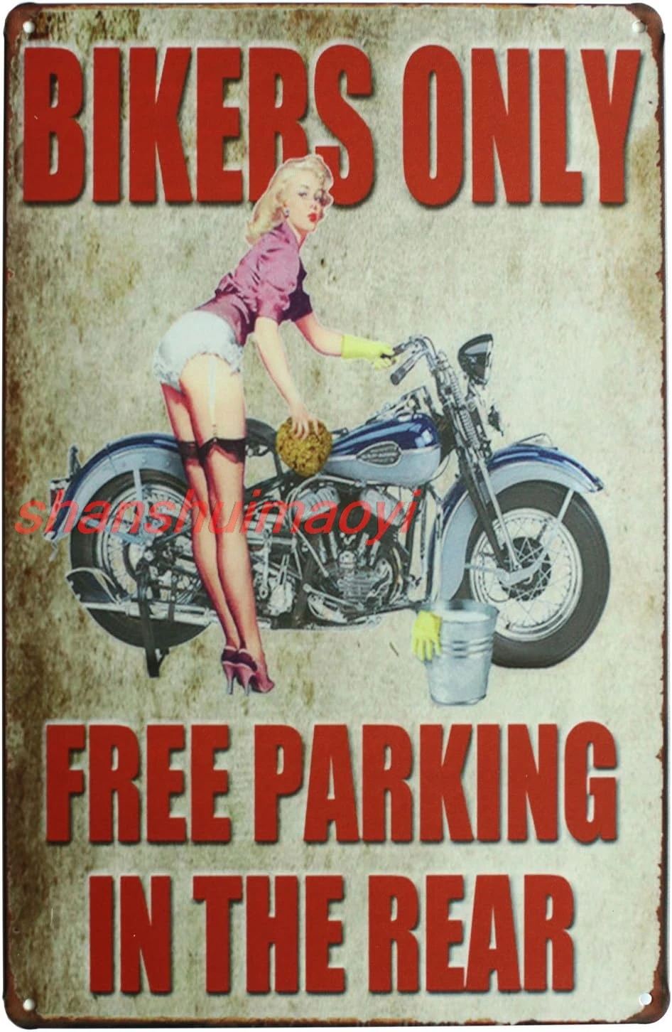SUMIK Bikers Only Free Parking in The Rear Motorcycle Girl, Metal Tin Sign, Vintage Art Poster Plaque Garage Home Wall Deco sign
