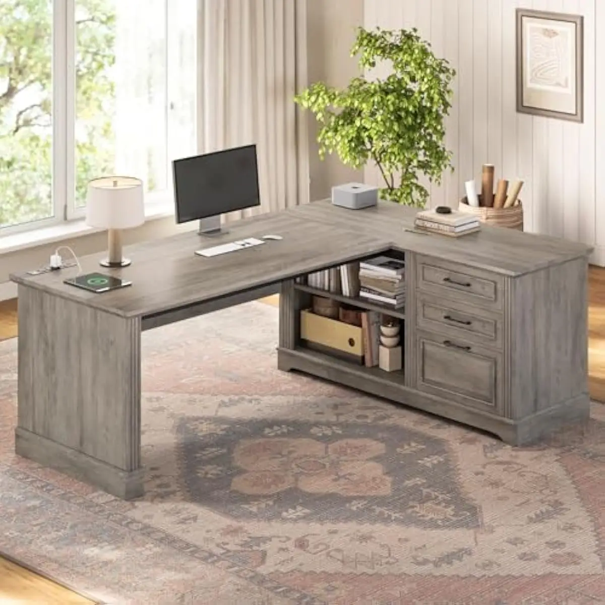 Farmhouse-style L-shaped executive desk 61 inches wide with 3 storage drawers 4 AC outlets 2 USB ports thick waterproof desktop
