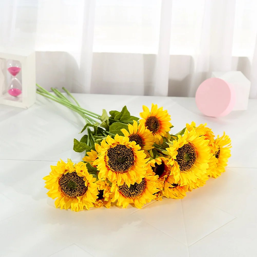 6 Heads Faux Sunflower Bouquet for Wedding Garden Party Home Decor Yellow Artificial Flowers 30cm Height Rayon Material