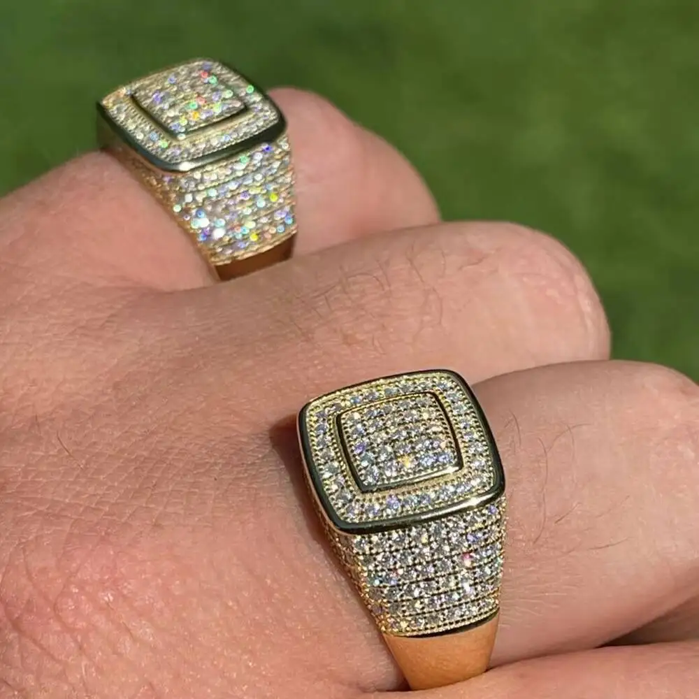 Custom Two-Square Moissanite & Diamond Men Ring with 925 Sterling Hip Pop Fashion Jewelry for Weddings and Parties
